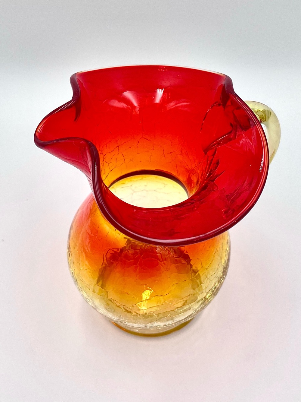 Vintage MCM Amberina Crackle Glass Mini Pitcher Ruffled Rim - Red and Yellow - Picture 4 of 5